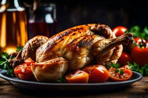 une rôti poulet avec tomates et herbes sur une noir plaque. généré par ai photo