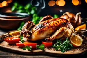 une rôti poulet sur une en bois Coupe planche avec des légumes et herbes. généré par ai photo