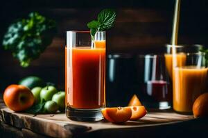 une verre de Orange jus avec des fruits et des légumes. généré par ai photo