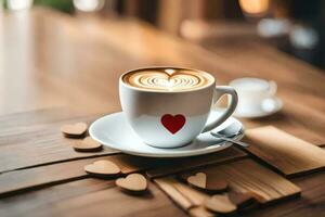 une tasse de café avec une cœur sur le soucoupe. généré par ai photo