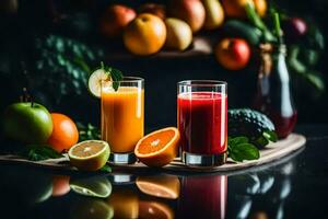 deux des lunettes de jus avec des oranges et pommes. généré par ai photo