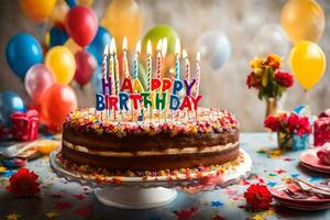 une anniversaire gâteau avec bougies sur Haut et des ballons. généré par ai photo