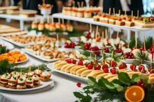 une buffet table avec beaucoup différent les types de aliments. généré par ai photo