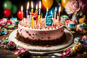 anniversaire gâteau avec bougies sur Haut. généré par ai photo