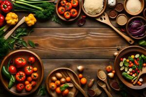 divers des légumes et des fruits sont arrangé sur une en bois tableau. généré par ai photo