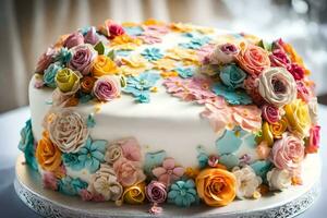 une gâteau décoré avec coloré fleurs sur Haut. généré par ai photo