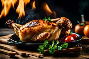 une rôti poulet sur une assiette avec tomates et herbes. généré par ai photo