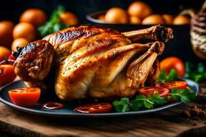 une rôti poulet sur une assiette avec tomates et herbes. généré par ai photo