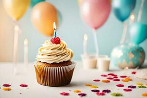 une petit gâteau avec une bougie sur Haut et des ballons. généré par ai photo