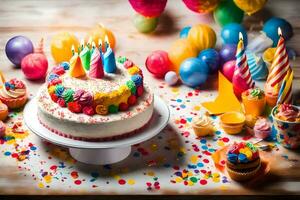 une anniversaire gâteau avec bougies et confettis. généré par ai photo