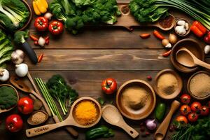 une en bois table avec divers des légumes et épices. généré par ai photo