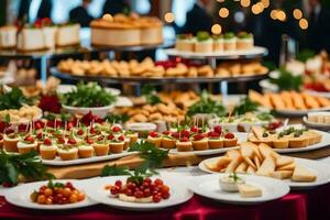 une buffet table avec beaucoup différent les types de aliments. généré par ai photo