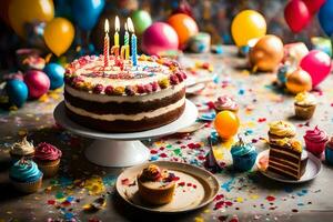 une anniversaire gâteau avec bougies et confettis. généré par ai photo