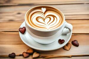 une tasse de café avec cœur en forme de latté art sur une en bois tableau. généré par ai photo