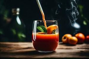 une verre de tomate jus avec fumée à venir en dehors de il. généré par ai photo