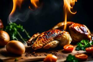 poulet sur une Coupe planche avec Feu et des légumes. généré par ai photo