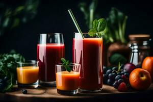 une variété de jus et smoothies sur une tableau. généré par ai photo