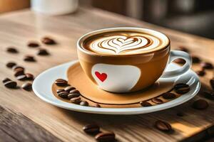 café tasse avec cœur sur le soucoupe. généré par ai photo