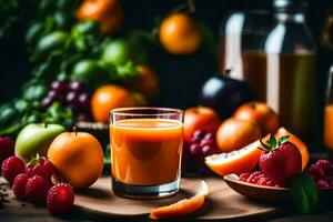 une verre de Orange jus avec des fruits et baies. généré par ai photo