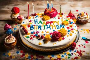 content anniversaire gâteau avec bougies et petits gâteaux sur une en bois tableau. généré par ai photo