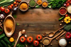 une en bois table avec divers épices et des légumes. généré par ai photo