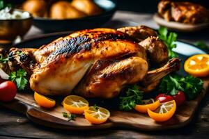 une rôti poulet sur une Coupe planche avec des légumes et pain. généré par ai photo