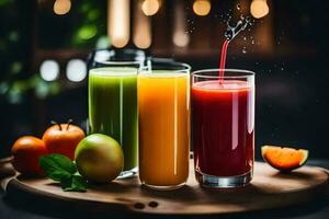 Trois des lunettes de jus avec fruit et des légumes. généré par ai photo