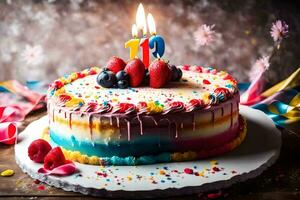 une anniversaire gâteau avec une allumé bougie sur Haut. généré par ai photo