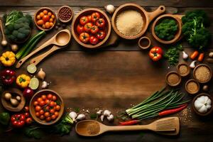 une en bois table avec divers des légumes et épices. généré par ai photo