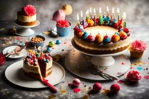 anniversaire gâteau avec bougies sur une tableau. généré par ai photo