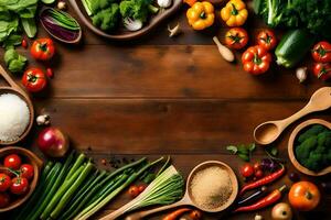 une en bois table avec divers des légumes et épices. généré par ai photo