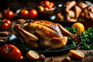 une rôti poulet sur une assiette avec des légumes et tomates. généré par ai photo