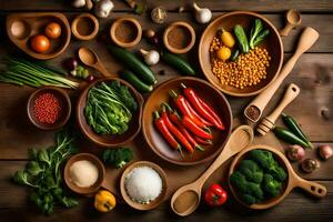 divers des légumes et épices dans en bois boules. généré par ai photo