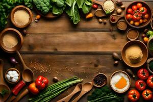 une en bois table avec divers des légumes et épices. généré par ai photo