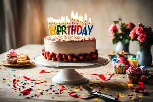 une anniversaire gâteau avec bougies cette dire content anniversaire. généré par ai photo