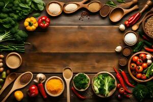 une en bois table avec divers des légumes et épices. généré par ai photo