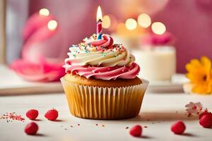 une petit gâteau avec rose Glaçage et une allumé bougie. généré par ai photo