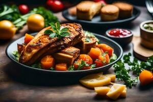 grillé poulet Sein avec des légumes et patates sur une en bois tableau. généré par ai photo