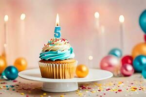 une petit gâteau avec une bougie sur il et une nombre cinq. généré par ai photo