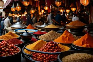 épices et épices dans le souk de Marrakech. généré par ai photo