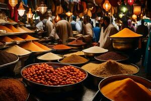 une marché avec beaucoup boules de épices et autre articles. généré par ai photo