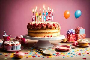 une anniversaire gâteau avec bougies sur il et petits gâteaux. généré par ai photo