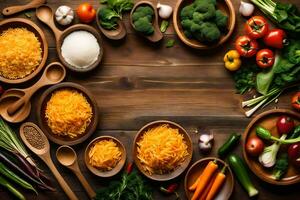 divers des légumes et fromage dans boules sur une en bois tableau. généré par ai photo