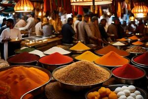 une marché avec beaucoup boules de différent coloré épices. généré par ai photo