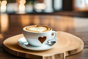 une tasse de café avec une cœur conception sur le Coupe. généré par ai photo