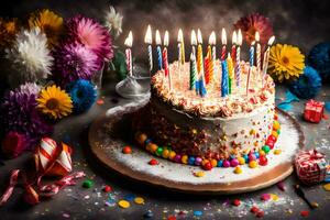 une anniversaire gâteau avec allumé bougies. généré par ai photo