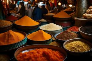 épices et épices dans le souk de marrakech. généré par ai photo