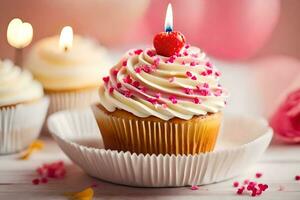 une petit gâteau avec rose glaçage et une bougie. généré par ai photo