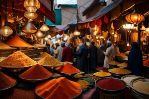 une marché avec beaucoup gens et beaucoup de épices. généré par ai photo