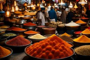 une marché avec beaucoup différent les types de épices. généré par ai photo